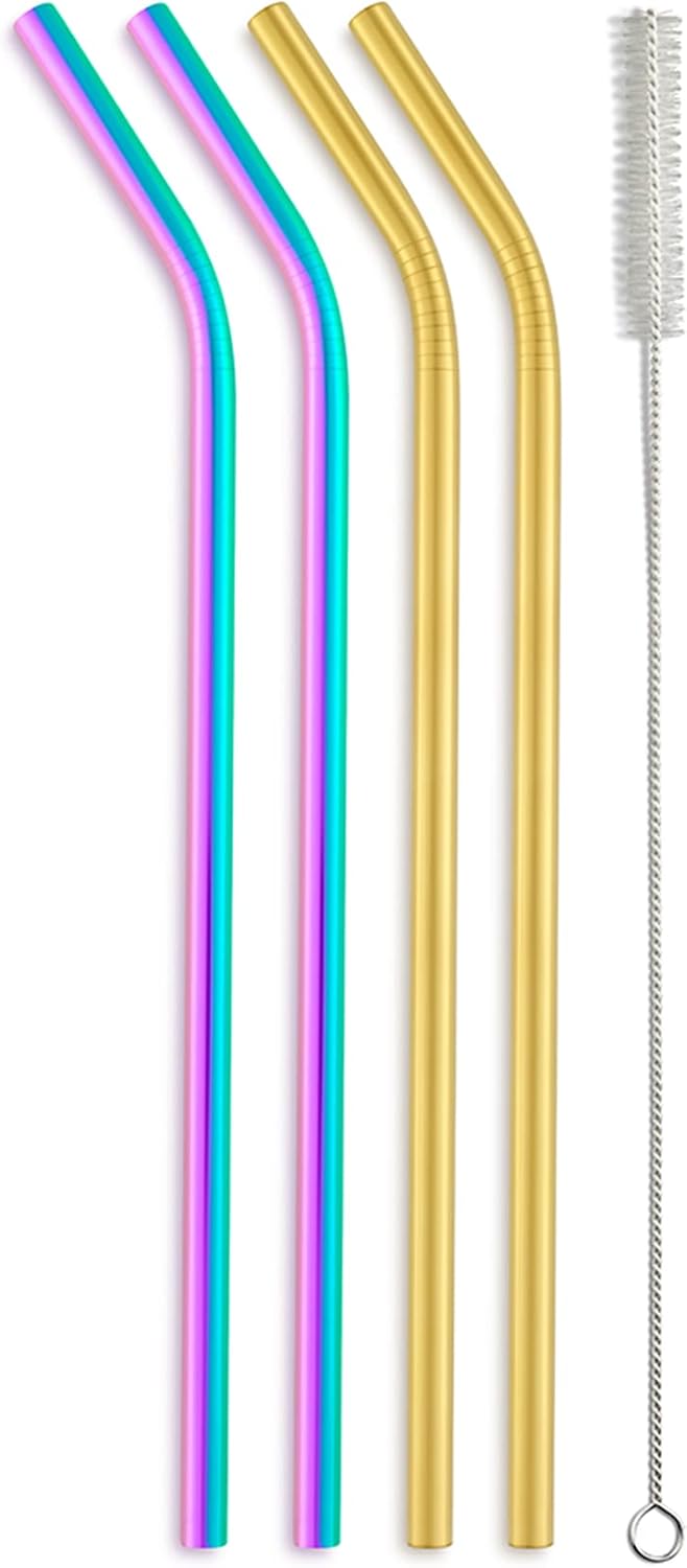 Ello Impact Stainless Steel Reusable Straws with Cleaning Brush, 4 Piece, Rainbow