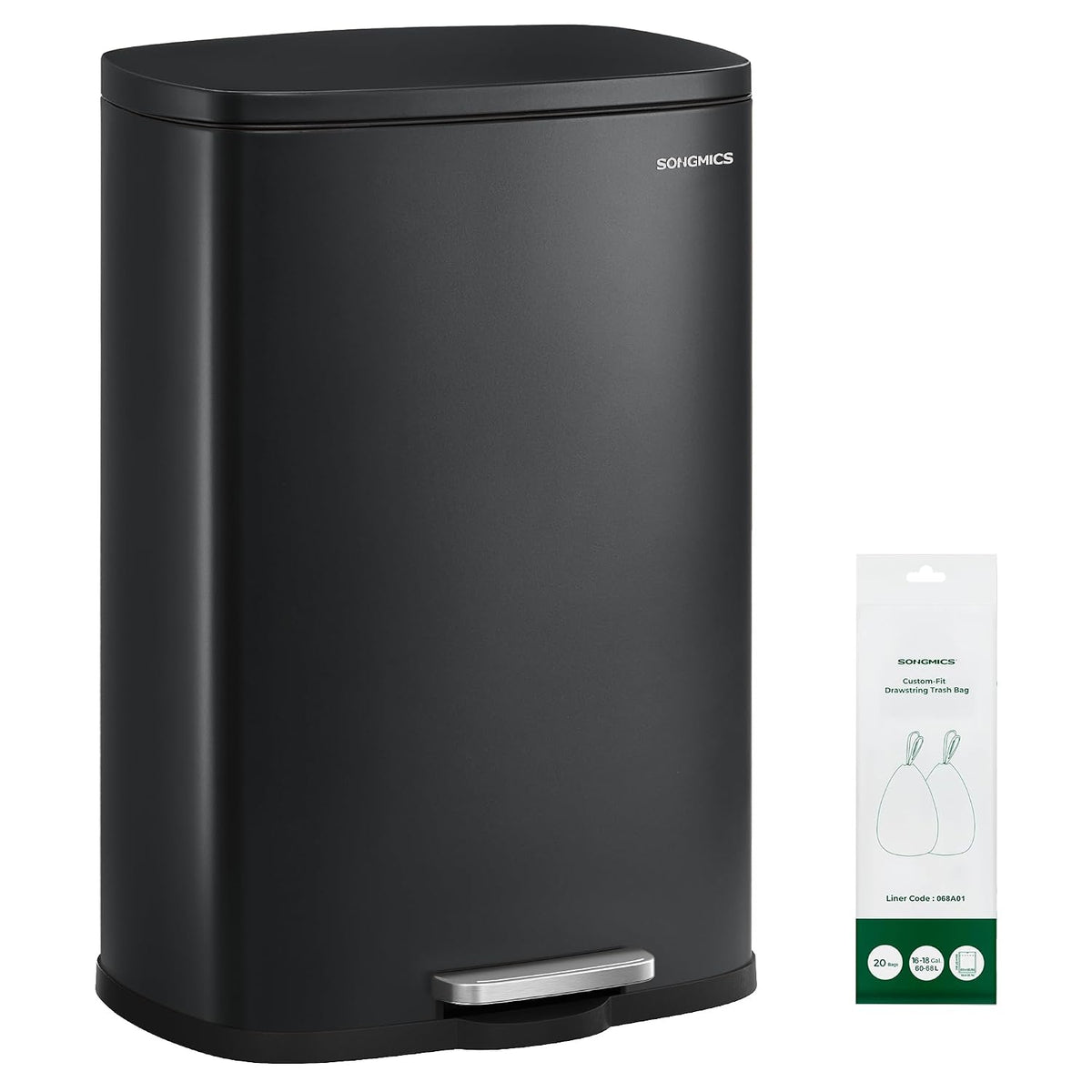 SONGMICS 13 Gallon (50 L) Trash Can, Stainless Steel, Step-On Pedal