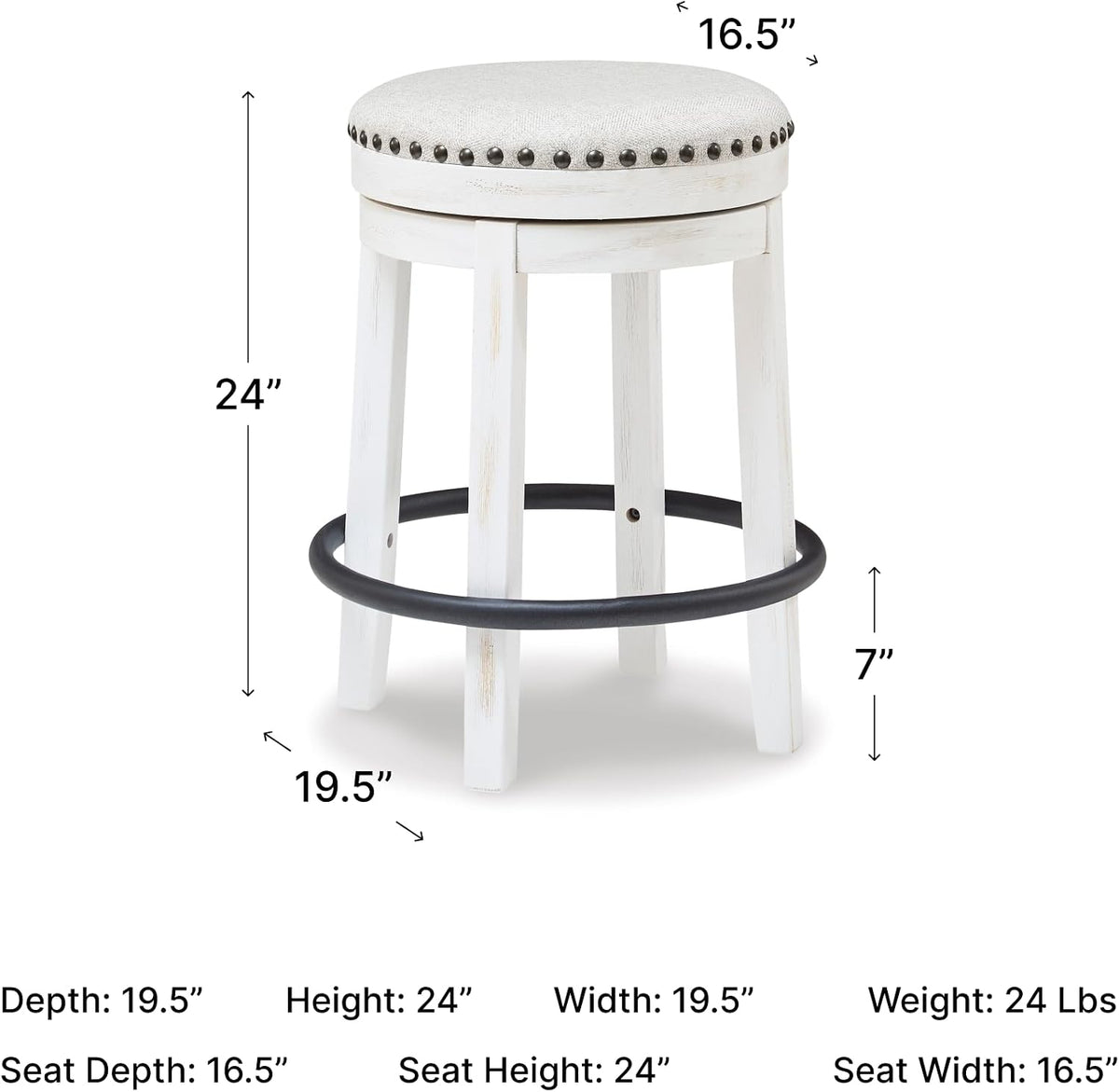 Signature Design by Ashley Valebeck 24 Inch Counter Height Stool | Backless swivel design, Rustic vintage white frame, Cozy beige woven fabric, Metal footrest