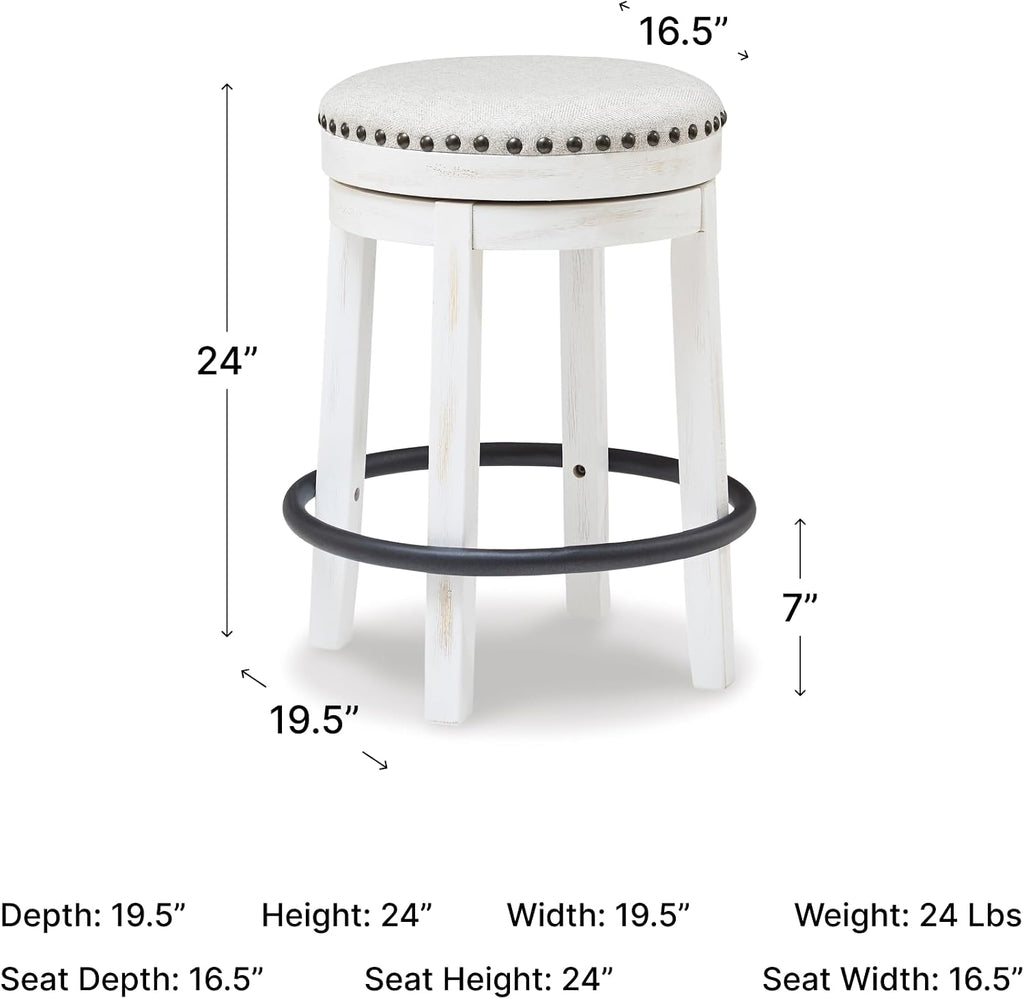 Signature Design by Ashley Valebeck 24 Inch Counter Height Stool | Backless swivel design, Rustic vintage white frame, Cozy beige woven fabric, Metal footrest