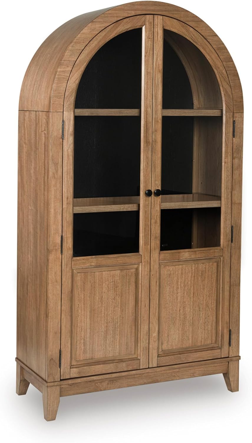 Signature Design by Ashley 74" Wood Glass Display Cabinet, Dagandale | Mango wood veneer construction, Natural and black finish, Spacious 4-tier china cabinet, Living room use