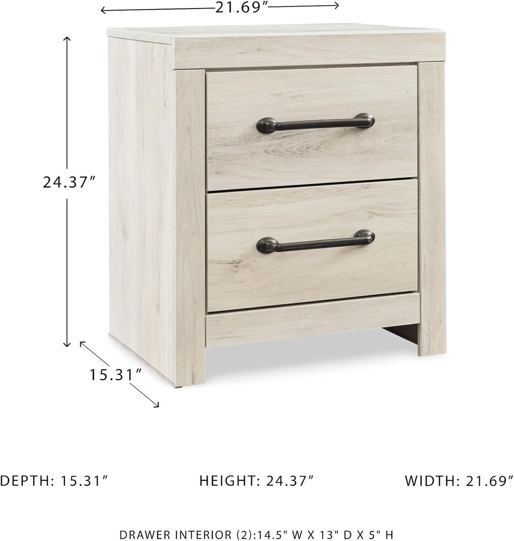 Signature Design by Ashley 2 Drawer White Nightstand with Charging Station | Engineered wood bedside table with dark elongated hardware, Faux linen drawer linings, 22"W x 16"D x 25"H, Cambeck Series