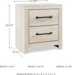 Signature Design by Ashley 2 Drawer White Nightstand with Charging Station | Engineered wood bedside table with dark elongated hardware, Faux linen drawer linings, 22"W x 16"D x 25"H, Cambeck Series