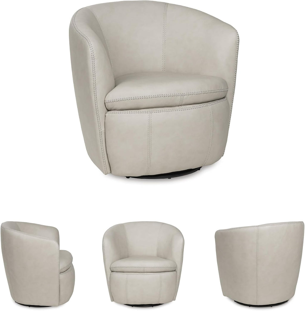 Signature Design by Ashley Kierreys Leather Swivel Barrel Chair, Bone | 100% top grain leather upholstery, 360-degree metal base rotation, Engineered wood and metal frame, Contemporary barrel back