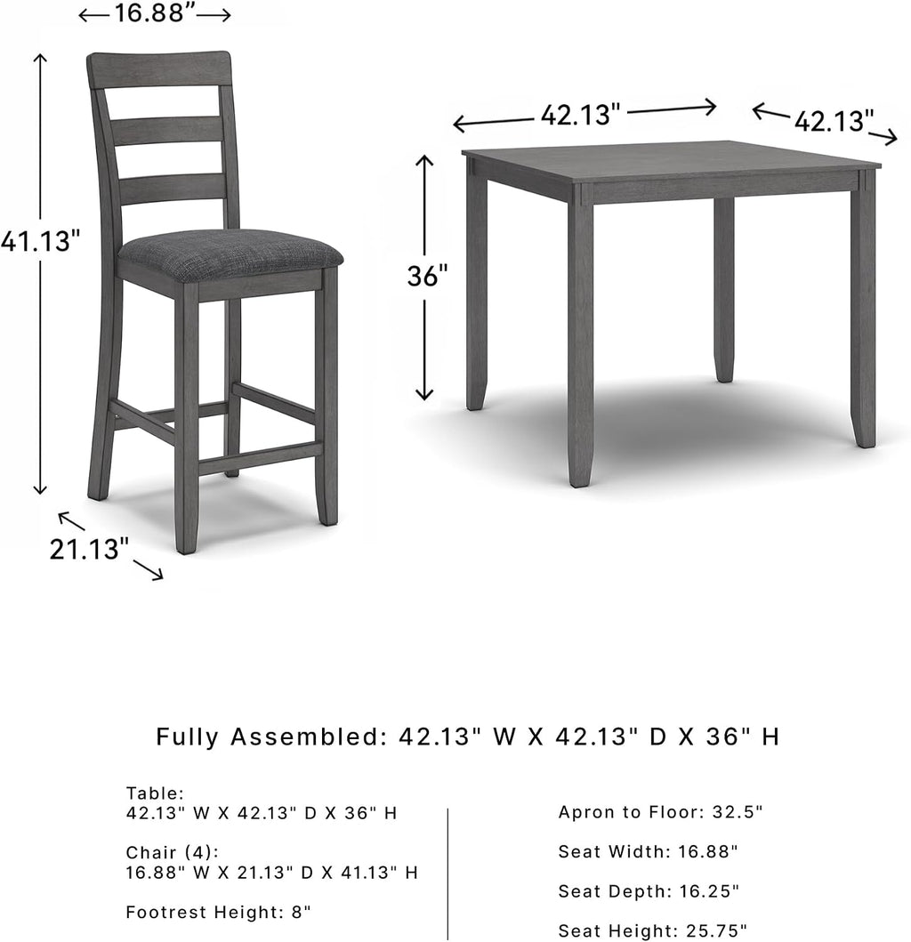Signature Design by Ashley 5-Piece Square Counter Height Dining Set, Gray | Textured gray polyester fabric with wood, veneer and engineered wood, Small kitchen table for 4, Bridson Series