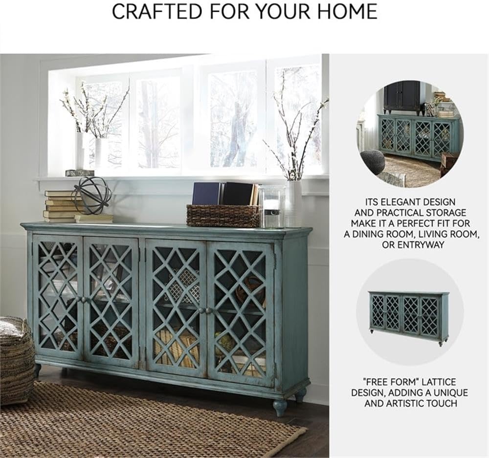 Signature Design by Ashley Mirimyn 4-Door Accent Cabinet, Antique Teal | Veneers, wood and engineered wood construction, Versatile TV stand or dining buffet, Adjustable shelves