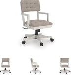 Signature Design by Ashley Robbinsdale Home Office Desk Chair, Farmhouse | Solid wood frame, 360-degree swivel, Tufted light gray fabric, Smooth casters, Adjustable height