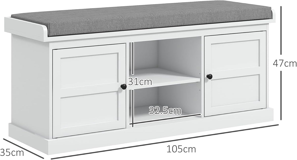 HOMCOM Shoe Bench with Seat, Cushion, 2 Cabinets, Adjustable Shelf, White