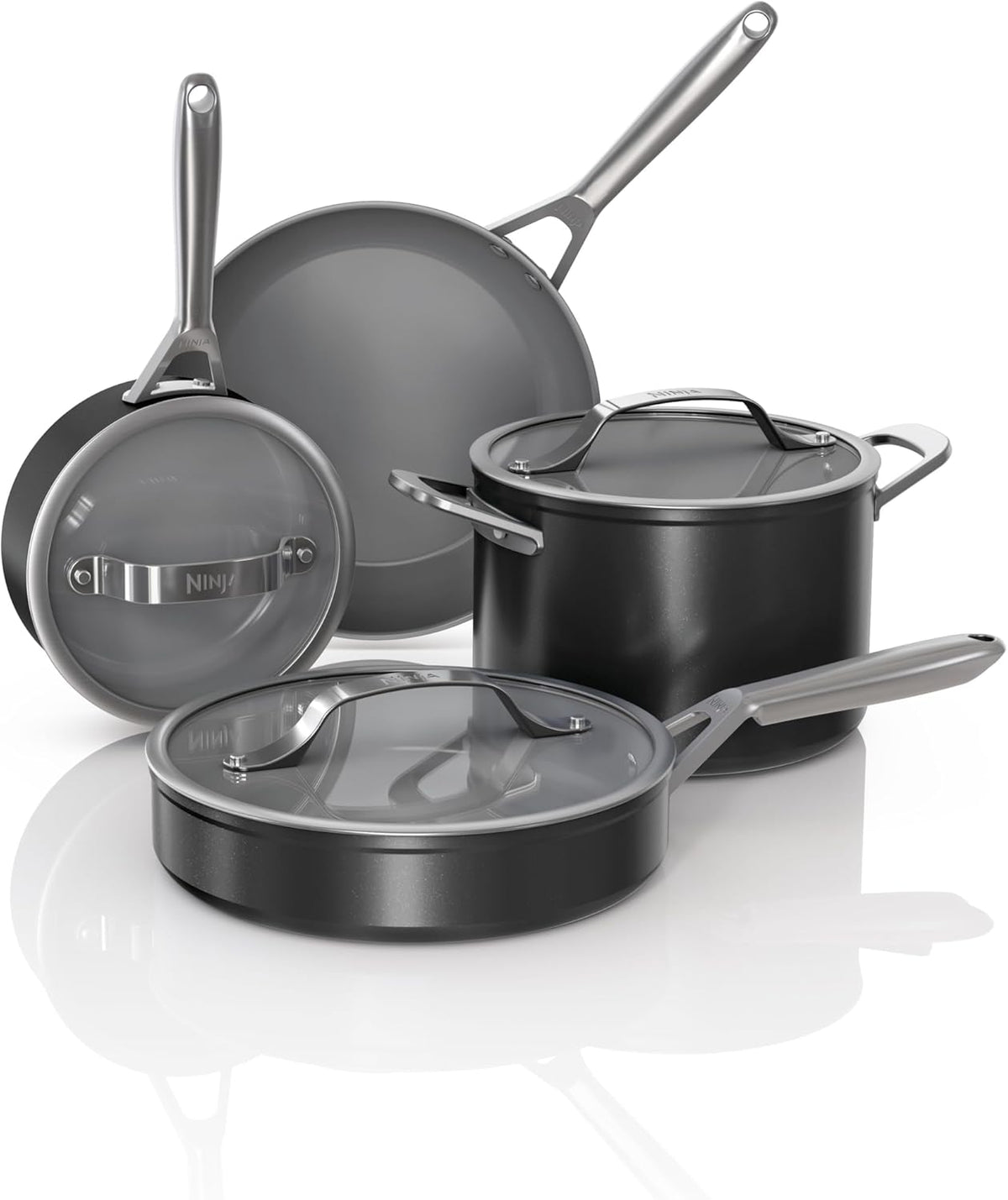 Ninja Ceramic Pro 7-Piece Cookware Set, Non-Stick Pots & Pans Set with Glass Lids, Nontoxic, PTFE Free, Ceramic Coated, Oven Safe, All Stovetops & Induction Compatible, Black, CW39007BK