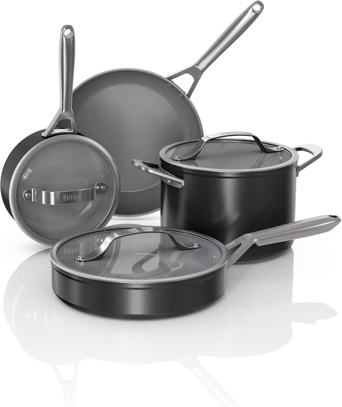 Ninja Ceramic Pro 7-Piece Cookware Set, Non-Stick Pots & Pans Set with Glass Lids, Nontoxic, PTFE Free, Ceramic Coated, Oven Safe, All Stovetops & Induction Compatible, Black, CW39007BK