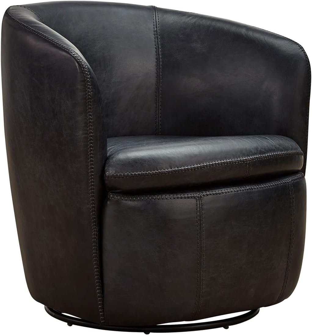Signature Design by Ashley Leather Swivel Accent Chair, Midnight | 100% top grain leather, Swivel barrel chair, No assembly required, Sloped arms, Sturdy metal frame, Kierreys Series