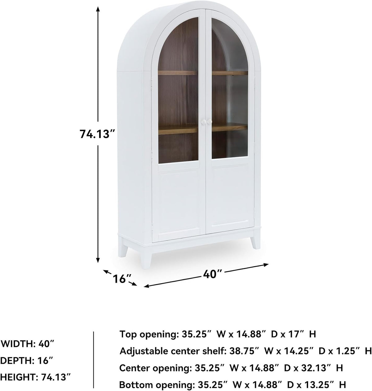 Signature Design by Ashley Dagandale Arched Accent Cabinet with Glass Doors, Quick 15-Minute Assembly, Wood and Tempered Glass, Display Storage for Living Rooms, White/Natural, 40" W x 74" H