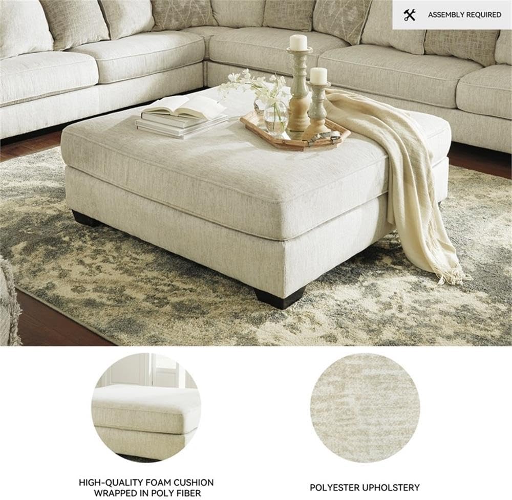 Signature Design by Ashley Oversized Square Ottoman Coffee Table, Beige | Beige chenille ottoman, 100% polyester upholstery, 51-inch dual-purpose footrest, Arrives fully assembled, Rawcliffe Series