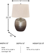 Signature Design by Ashley Magalie Metal Table Lamp, Antiqued Silver | Textured hammered aluminum base, Vintage warmth, Crisp modified drum shade, Cozy living room lighting