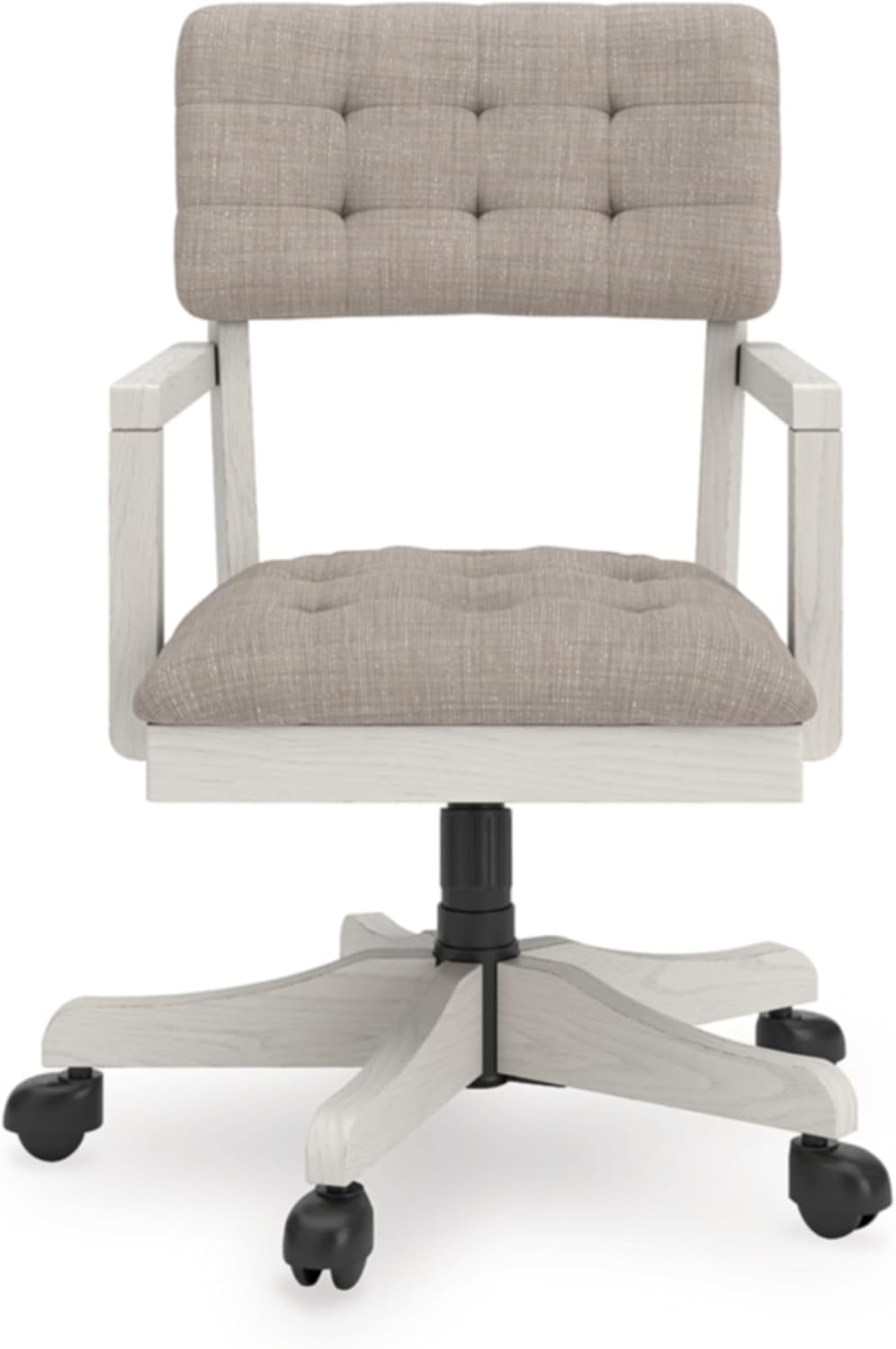 Signature Design by Ashley Robbinsdale Home Office Desk Chair, Farmhouse | Solid wood frame, 360-degree swivel, Tufted light gray fabric, Smooth casters, Adjustable height