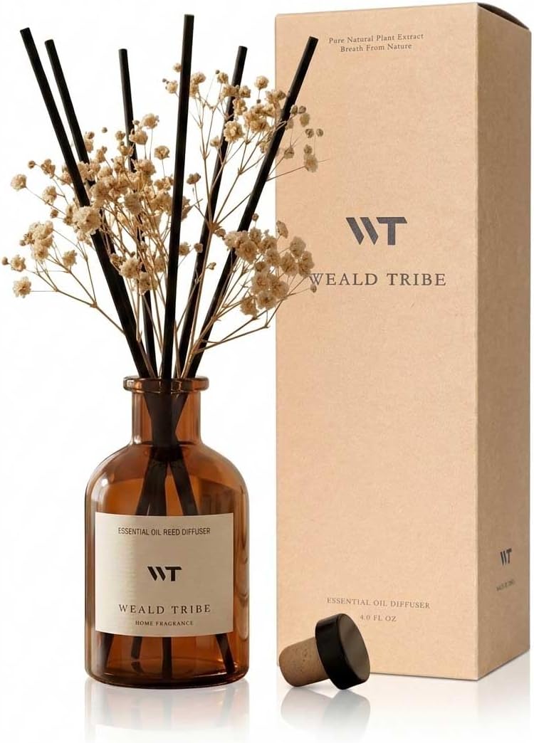 WEALD TRIBE Flower Reed Diffuser Set Eucalyptus & Lavender Scent for Room Bathroom Accessories Shelf Decor & Air Fresheners, Sticks Defusers with 4.0 fl oz Home Fragrance Oils, Office Gift