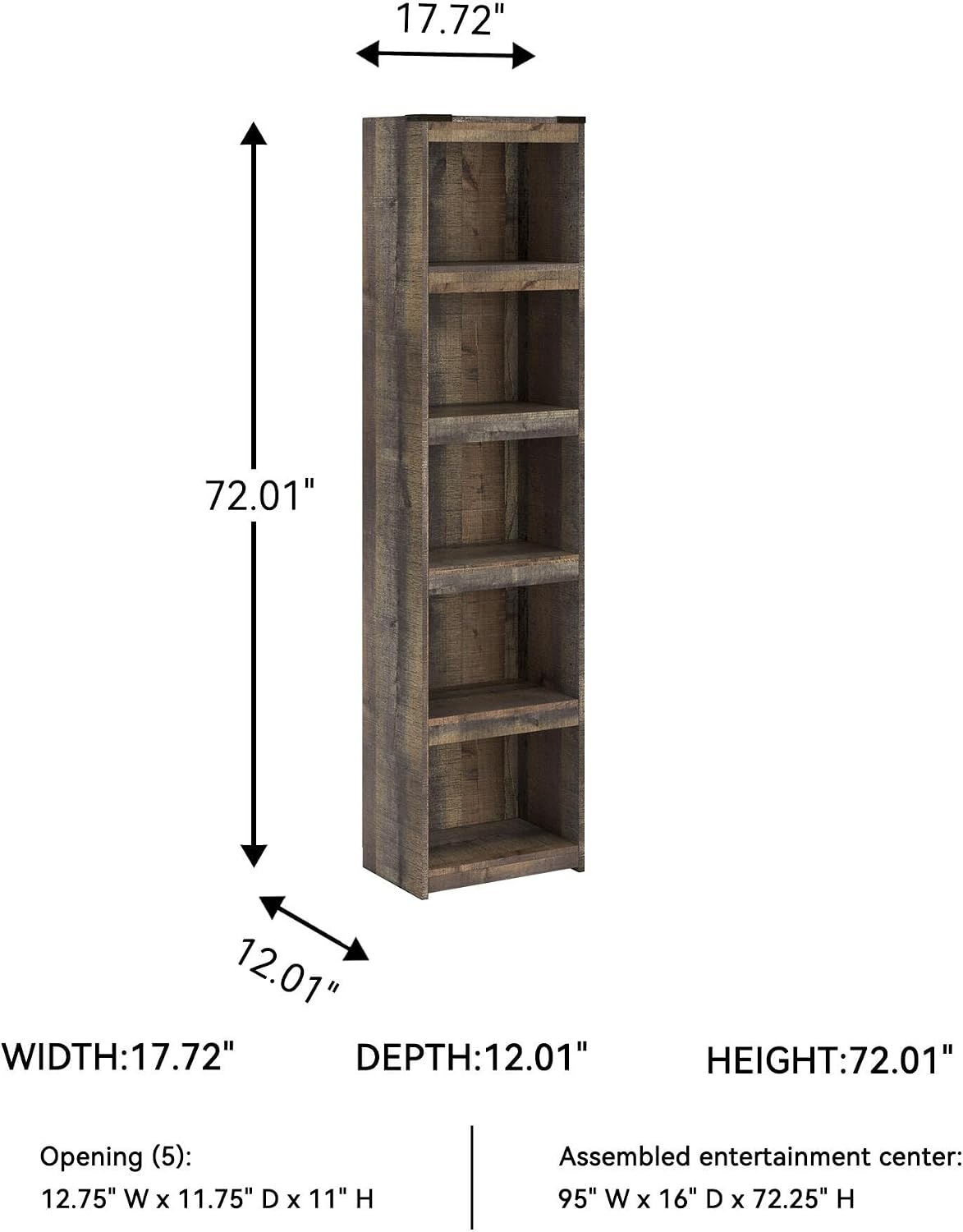 Signature Design by Ashley Trinell Media Pier, 72-Inch Rustic Bookcase | Durable engineered wood, Rustic replicated oak grain, 4 spacious shelves (3 adjustable), Versatile narrow bookshelf