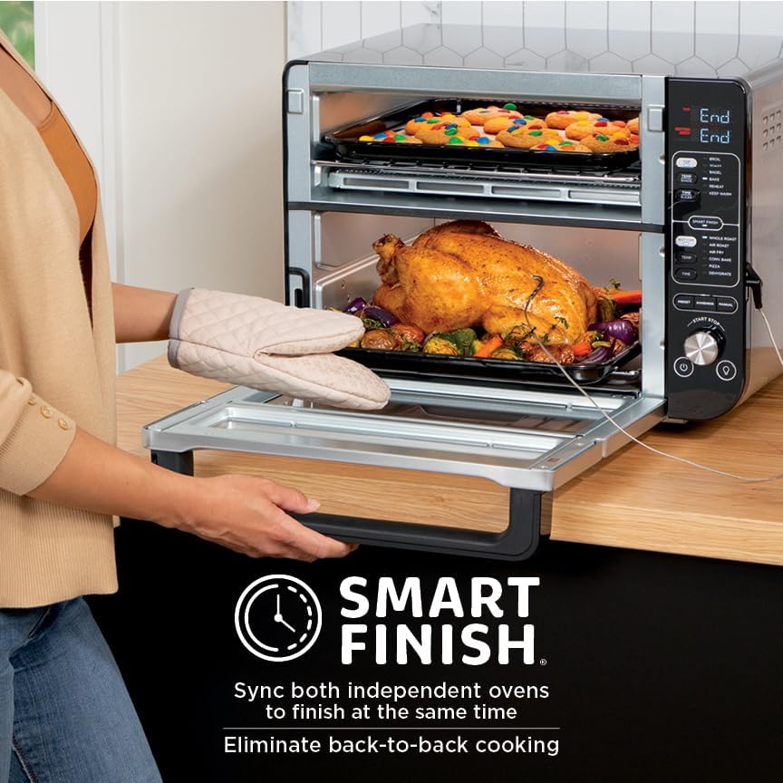 Ninja DCT451 12-in-1 Smart Double Oven with FlexDoor, Thermometer, FlavorSeal, Smart Finish, Rapid Top Convection and Air Fry Bottom , Stainless Steel | Smart Cook thermometer, FlavorSeal, Smart Finish, Air fry, bake, broil, roast, pizza