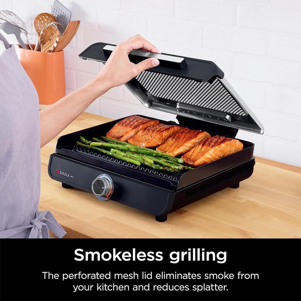 Ninja GR100 Sizzle Smokeless Indoor Grill (Renewed) Bundle with 2 Year Enhanced Protection Pack