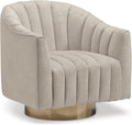 Signature Design by Ashley Swivel Barrel Accent Chair, Pearl, Penzlin | Textured velvet barrel chair with brass-tone metal pedestal base, Cozy lounge seating for reading nooks