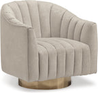 Signature Design by Ashley Swivel Barrel Accent Chair, Pearl, Penzlin | Textured velvet barrel chair with brass-tone metal pedestal base, Cozy lounge seating for reading nooks