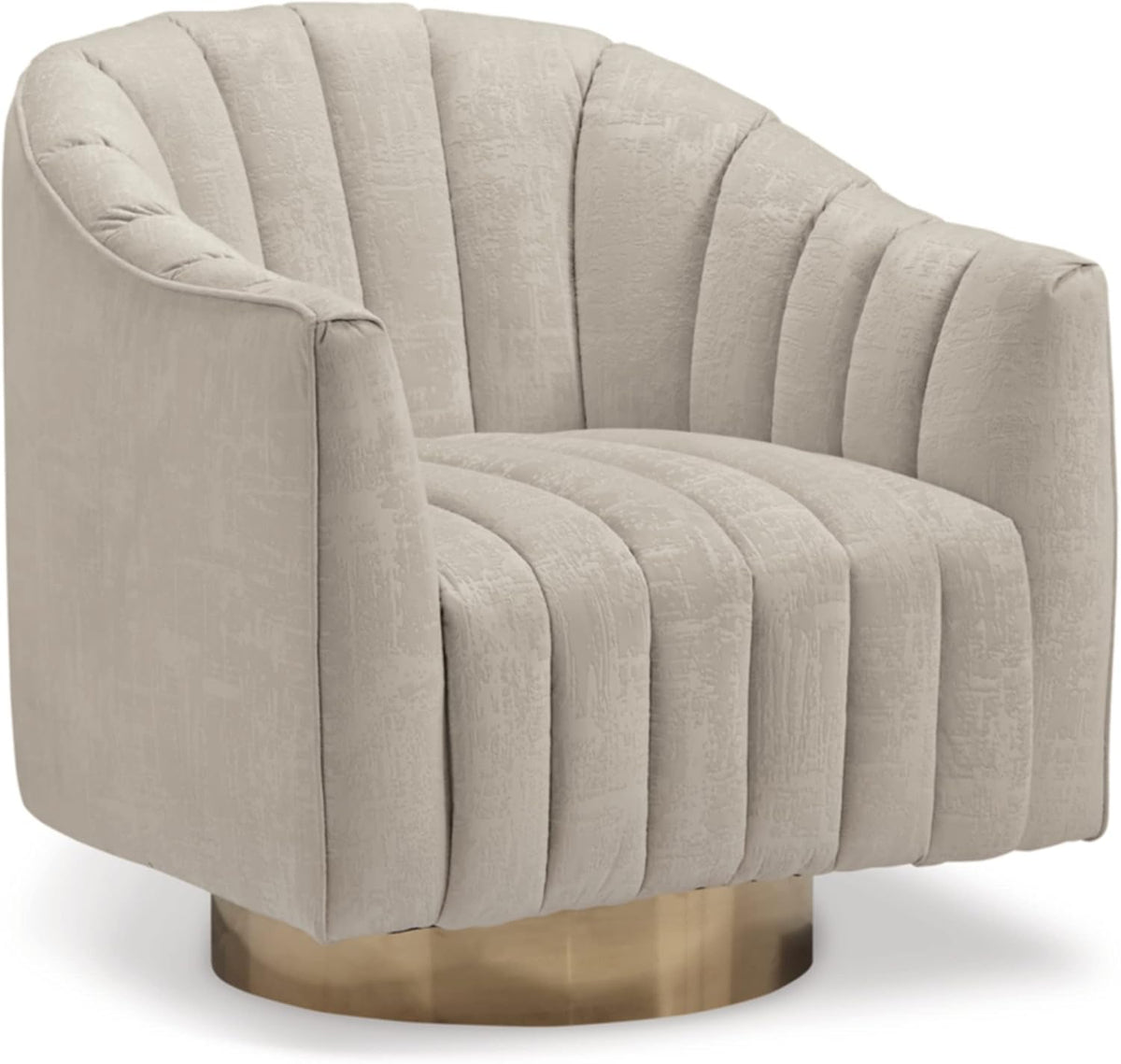 Signature Design by Ashley Swivel Barrel Accent Chair, Pearl, Penzlin | Textured velvet barrel chair with brass-tone metal pedestal base, Cozy lounge seating for reading nooks