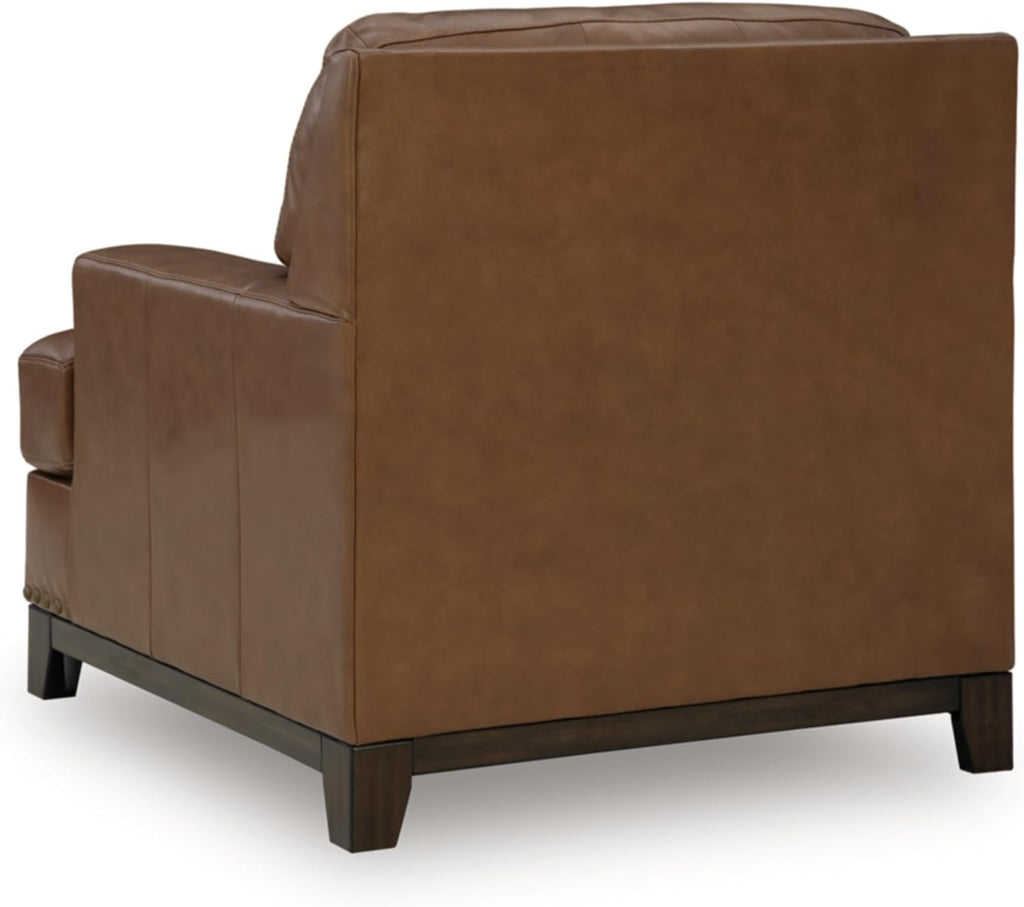 Signature Design by Ashley Oversized Brown Leather Accent Chair, Amber | Genuine and faux leather with brass-tone nailhead trim, Faux wood base, No assembly living room chairs, Brendola Series