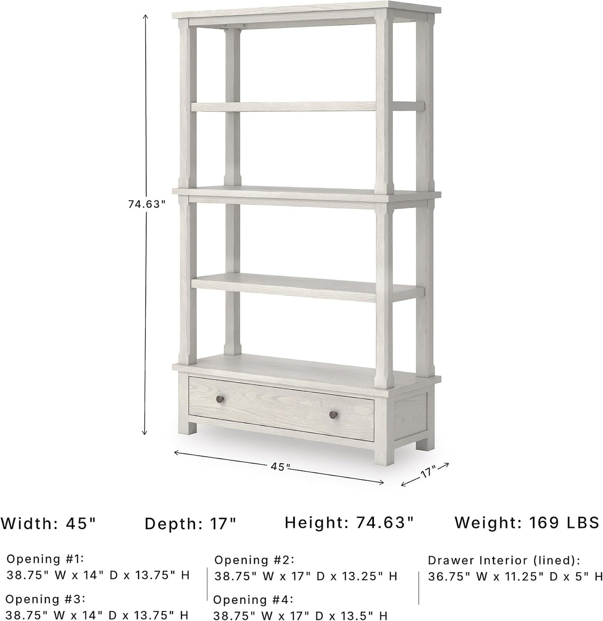 Signature Design by Ashley Robbinsdale 75" Farmhouse Bookcase with Drawer | Hardwood solids and oak veneer, 75 inch tall bookshelf with drawer, Antique white finish, 14 to 17 inch deep fixed shelves