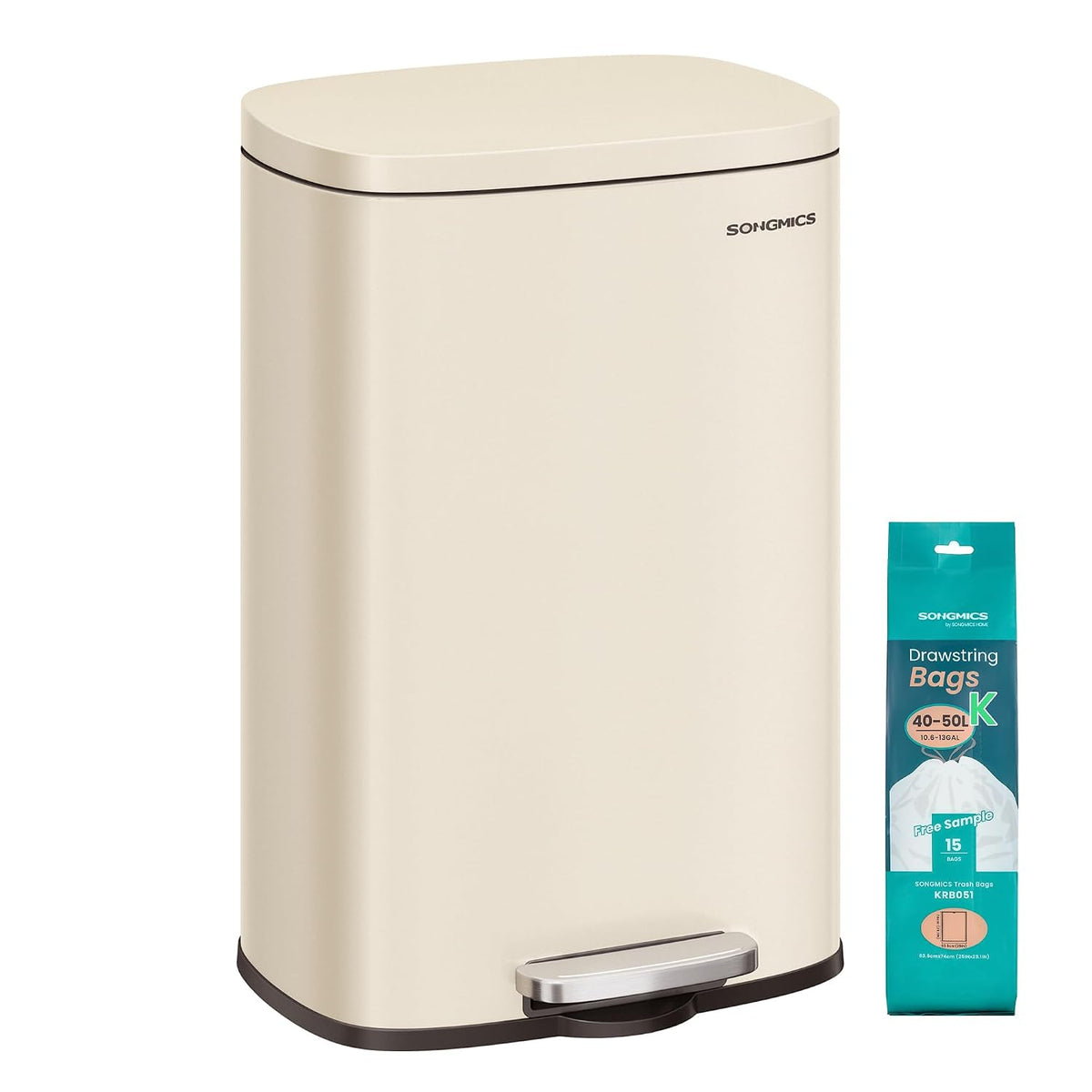SONGMICS 13 Gallon (50 L) Trash Can, Stainless Steel, Step-On Pedal