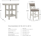 Signature Design by Ashley Round Dining Table Set for 4, Counter Height | 42-inch round table with built-in storage shelves, 4 foam-cushioned light gray barstools, Antique white finish, Erinberg