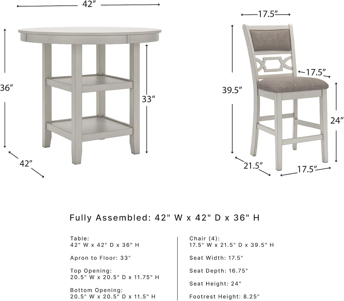 Signature Design by Ashley Round Dining Table Set for 4, Counter Height | 42-inch round table with built-in storage shelves, 4 foam-cushioned light gray barstools, Antique white finish, Erinberg