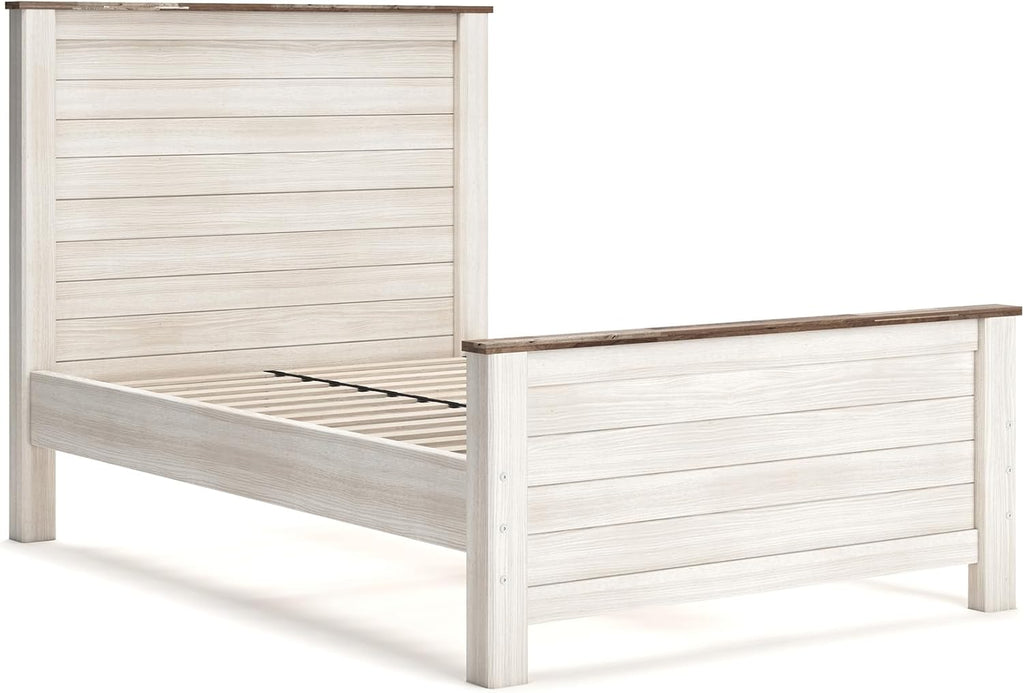 Signature Design by Ashley Coastal Wood Full Panel Bed, Whitewash | Durable engineered wood construction, Rustic whitewash finish, Includes headboard, footboard, and rails, Willowton Series