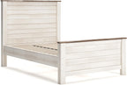 Signature Design by Ashley Coastal Wood Full Panel Bed, Whitewash | Durable engineered wood construction, Rustic whitewash finish, Includes headboard, footboard, and rails, Willowton Series