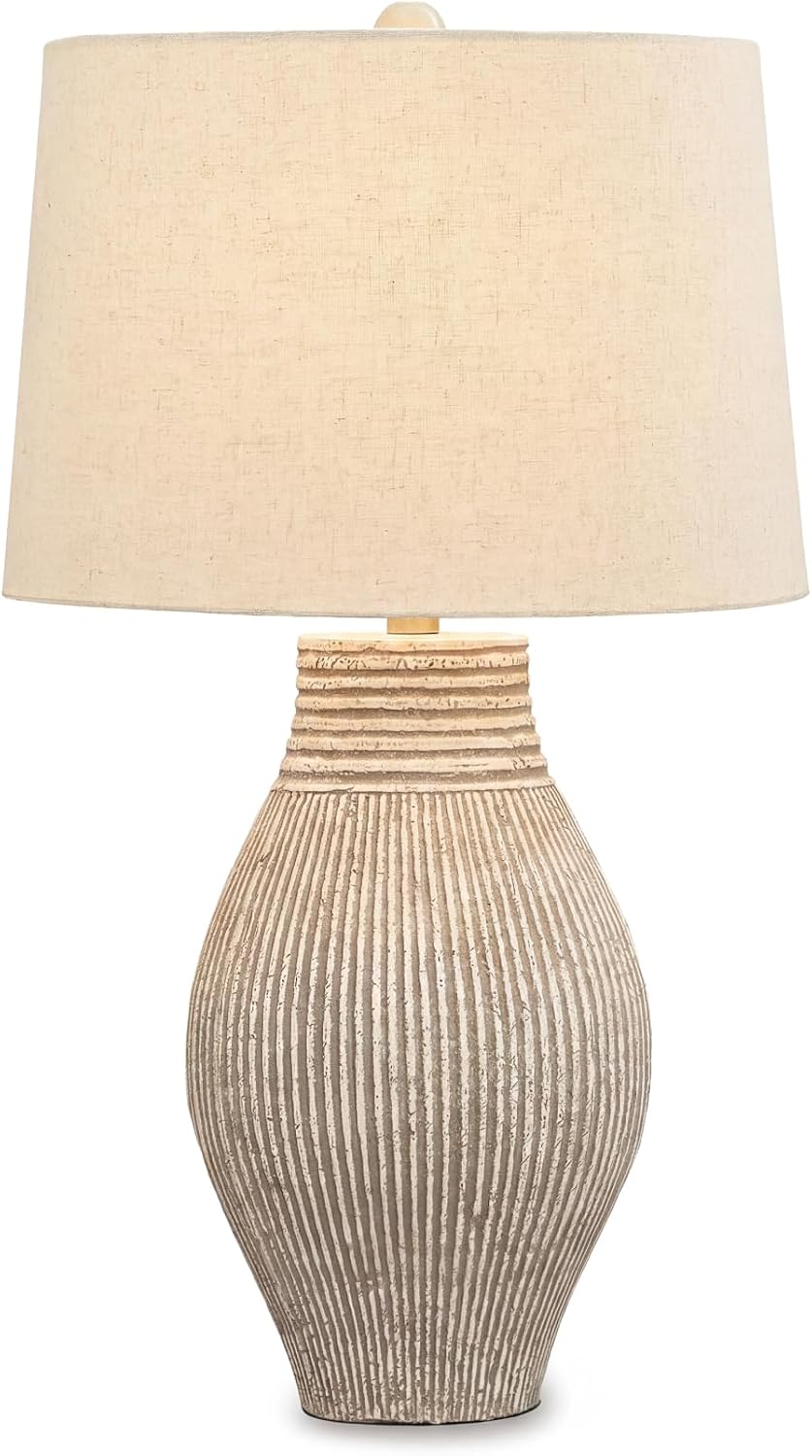 Signature Design by Ashley Layal 29" Table Lamp, Living Room, Beige | Textured paper composite base with 16-inch modified drum shade, 3-way switch for side accents, Stable 10-lb base