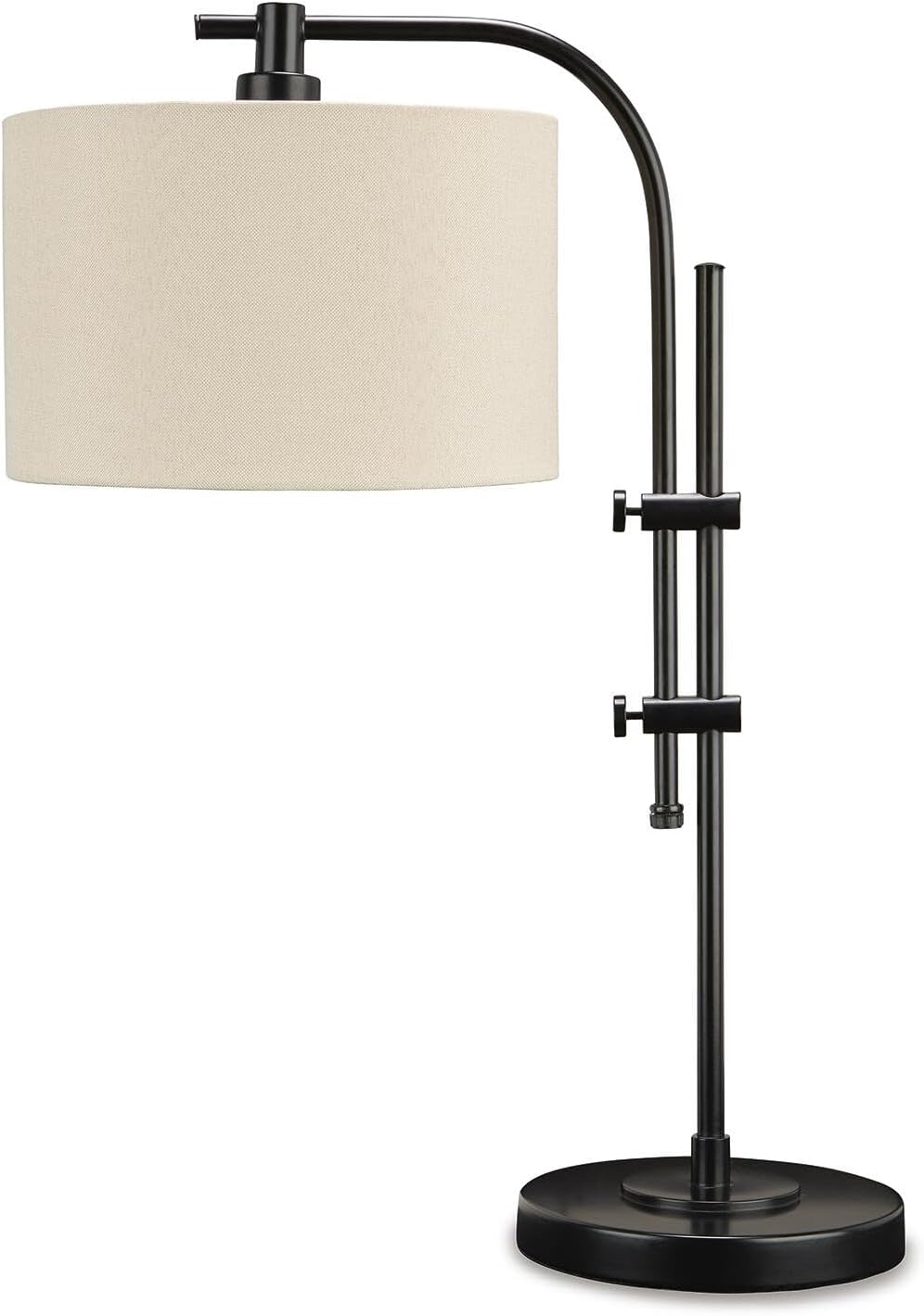Signature Design by Ashley Baronvale Accent Table Lamp, Adjustable Black | Metal frame, White hardback fabric drum shade, Casual style, Living room or office use, Toggle switch