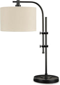 Signature Design by Ashley Baronvale Accent Table Lamp, Adjustable Black | Metal frame, White hardback fabric drum shade, Casual style, Living room or office use, Toggle switch