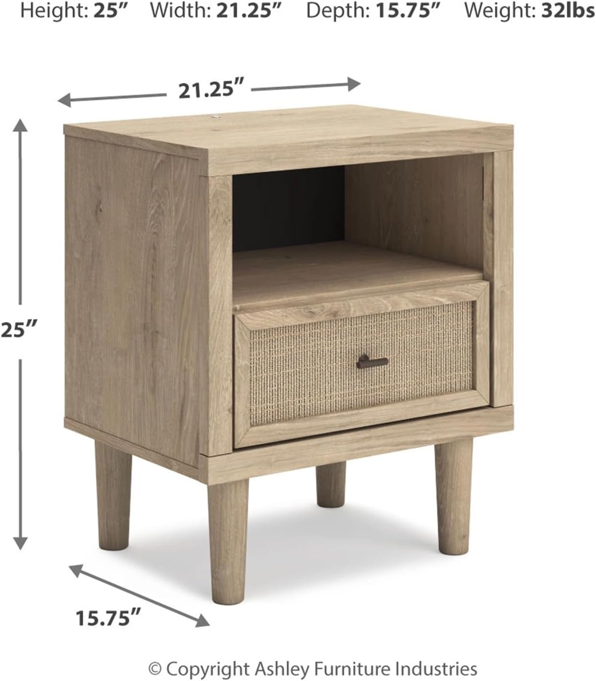 Signature Design by Ashley Cielden Light Brown 1-Drawer USB Nightstand | Two-tone replicated oak and faux cane print, Built-in wireless charging and LED base, Contemporary style for bedrooms
