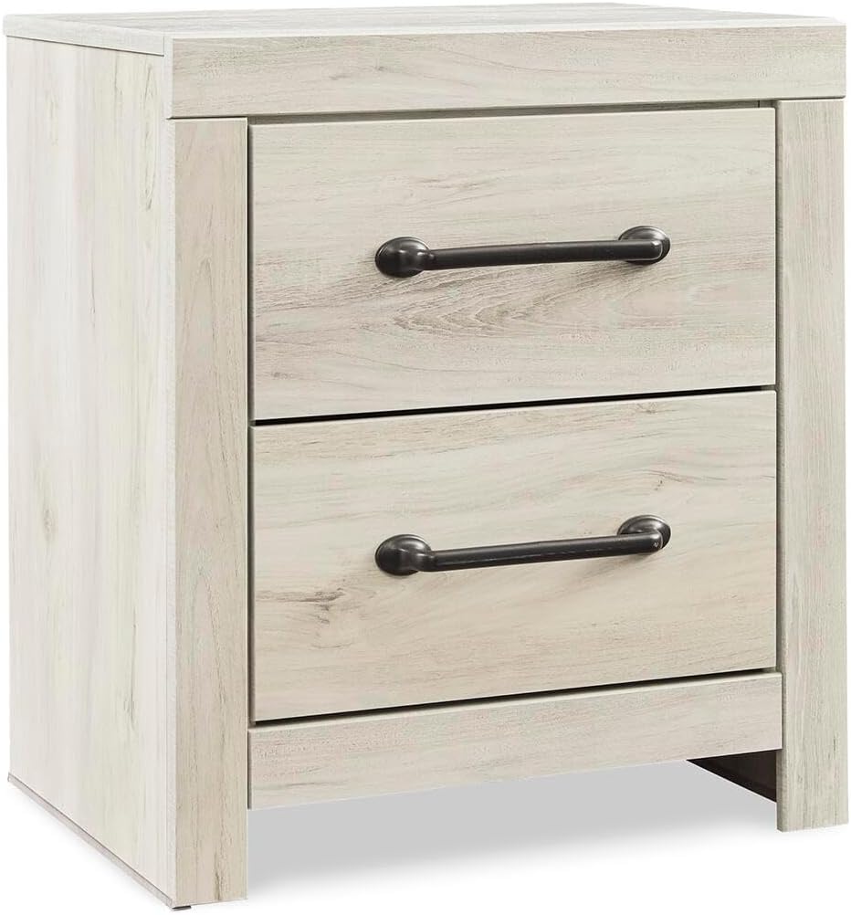 Signature Design by Ashley 2 Drawer White Nightstand with Charging Station | Engineered wood bedside table with dark elongated hardware, Faux linen drawer linings, 22"W x 16"D x 25"H, Cambeck Series
