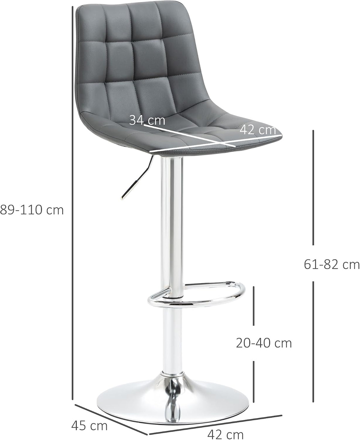 HOMCOM Adjustable Bar Stools Set of 2 Swivel for Kitchen Counter Grey