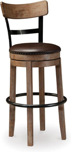 Signature Design by Ashley Pinnadel 30" Swivel Bar Height Barstool, Brown | Faux leather padded seat for easy cleanup, Sturdy wood, engineered wood, and metal frame, Built-in comfort footrest