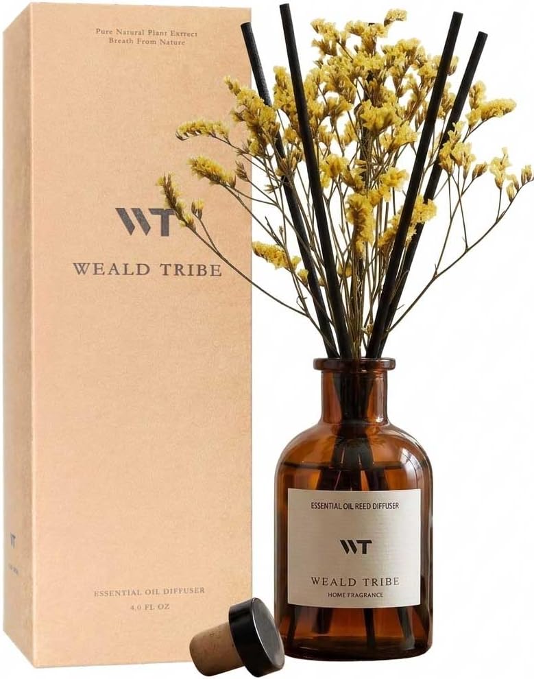 WEALD TRIBE Flower Reed Diffuser Set Eucalyptus & Lavender Scent for Room Bathroom Accessories Shelf Decor & Air Fresheners, Sticks Defusers with 4.0 fl oz Home Fragrance Oils, Office Gift