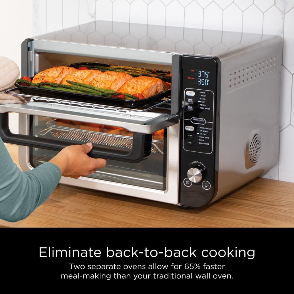 Ninja Double Oven, 12-in-1, FlexDoor, Stainless Steel, DCT401 | FlavorSeal, Smart Finish, Air fry, bake, broil, roast, toast, pizza, fits 6 lbs wings