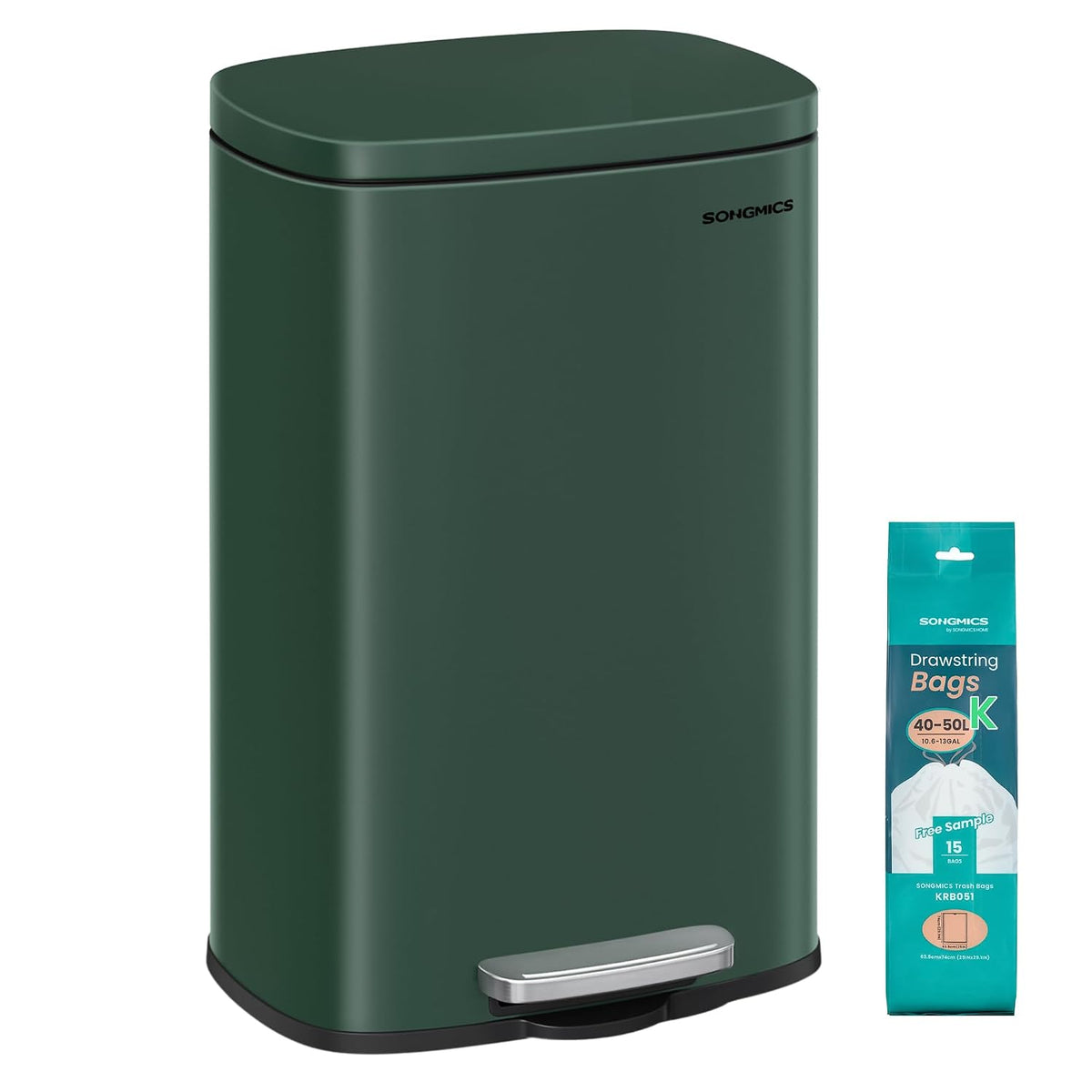 SONGMICS 13 Gallon (50 L) Trash Can, Stainless Steel, Step-On Pedal