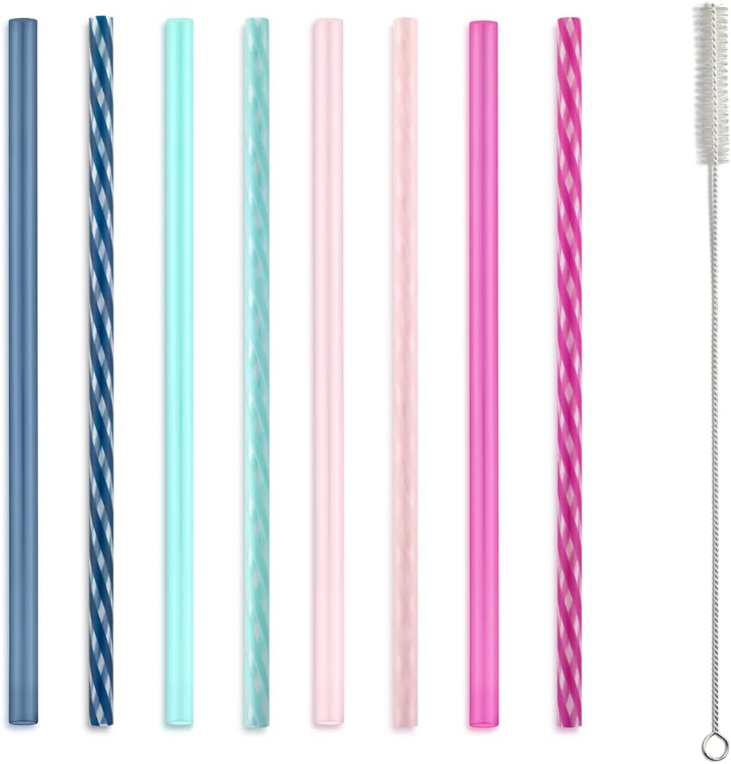 Ello Impact 8 Pack Reusable Plastic Straws, Dishwasher Safe, BPA-Free with Cleaning Brush,Rosewater