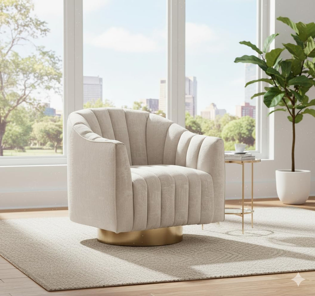 Signature Design by Ashley Swivel Barrel Accent Chair, Pearl, Penzlin | Textured velvet barrel chair with brass-tone metal pedestal base, Cozy lounge seating for reading nooks