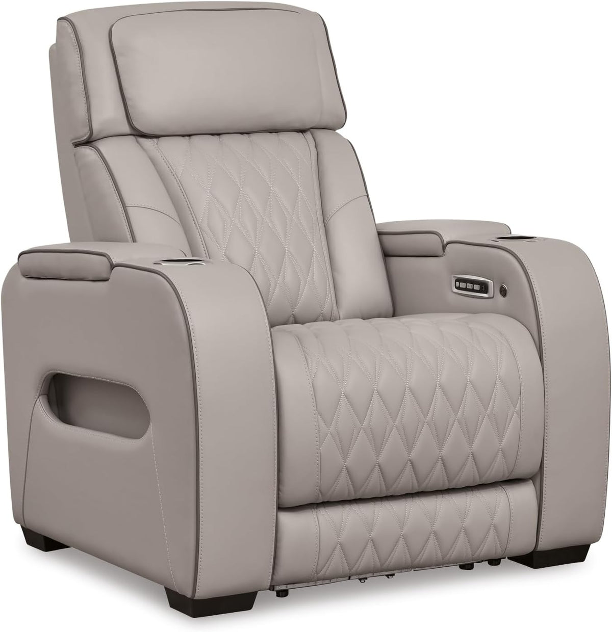Signature Design by Ashley Boyington Zero Gravity Power Recliner, Gray | Leather match upholstery, Built-in air massage, Heated seat, Adjustable headrest, Dual cup holders, Home theater design