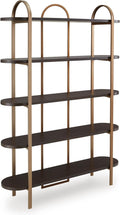 Signature Design by Ashley 5-Shelf Etagere Bookcase, Antiqued Gold | Antiqued goldtone metal frame, Ash veneer and engineered wood shelves, 48-inch wide open design, 72-inch height, Brentmour