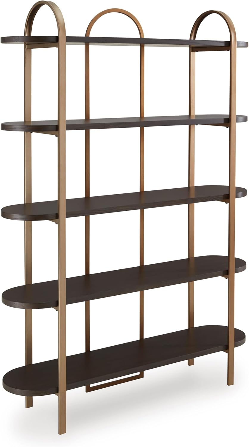 Signature Design by Ashley 5-Shelf Etagere Bookcase, Antiqued Gold | Antiqued goldtone metal frame, Ash veneer and engineered wood shelves, 48-inch wide open design, 72-inch height, Brentmour