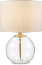 Signature Design by Ashley Glass Table Lamp, Modern Bedside, Clear & Brass | White fabric drum shade, Compact round clear glass profile for modern nightstands, Samder Series