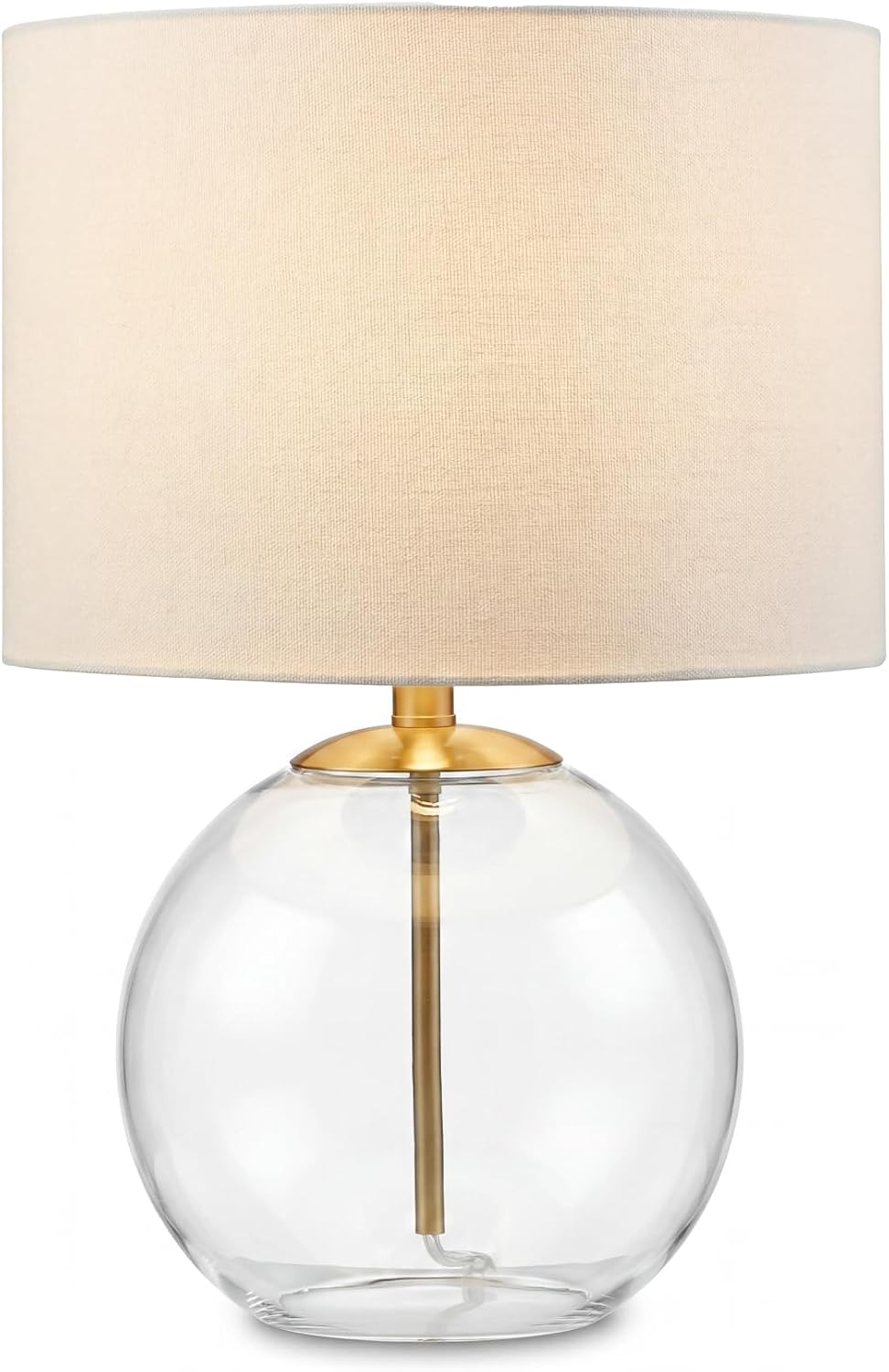 Signature Design by Ashley Glass Table Lamp, Modern Bedside, Clear & Brass | White fabric drum shade, Compact round clear glass profile for modern nightstands, Samder Series